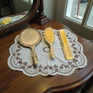 Victorian Silver-Plated Vanity Set Mirror Brush Comb‎ 3-Piece 1900's fair cond